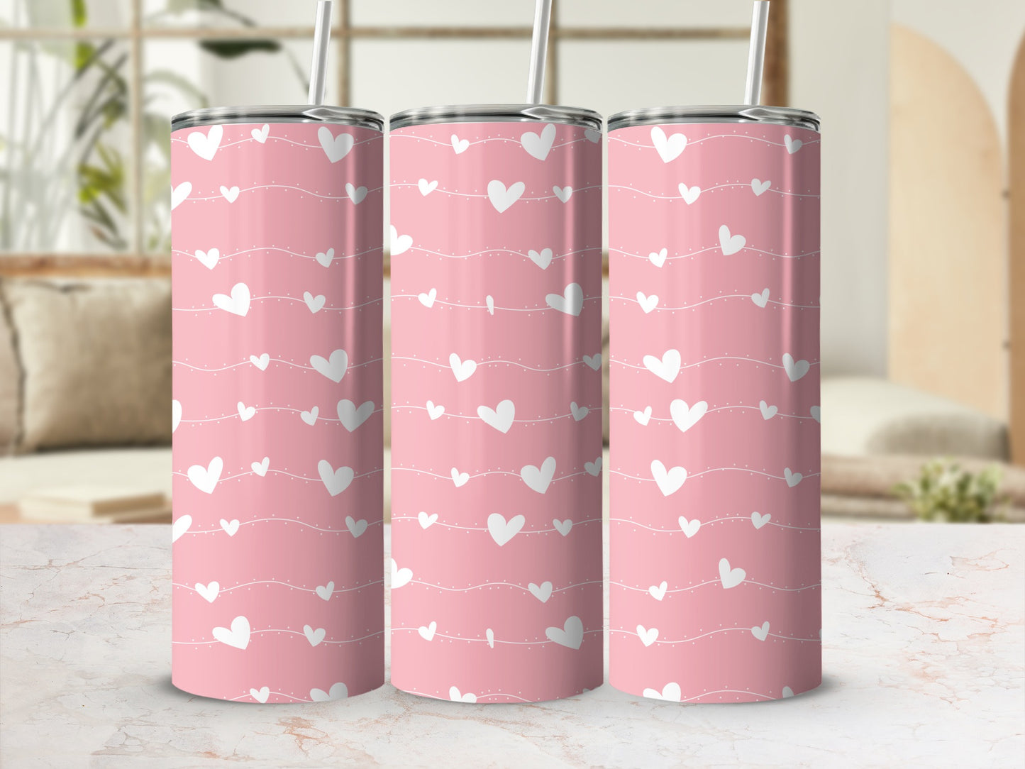 Pink Heart Patterned Tumbler with Straw Insulated Flask
