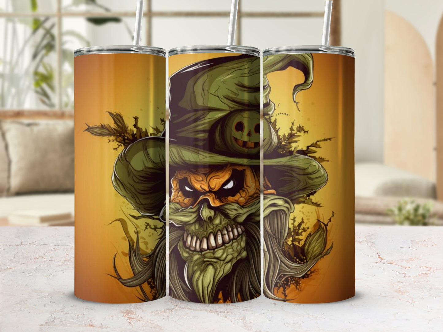 Tumbler with a creepy Halloween scarecrow design and pumpkin hat.