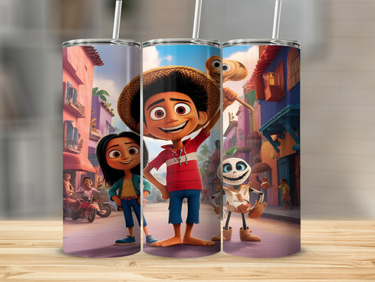 Animated characters smiling on colorful street, showcasing a tumbler design.