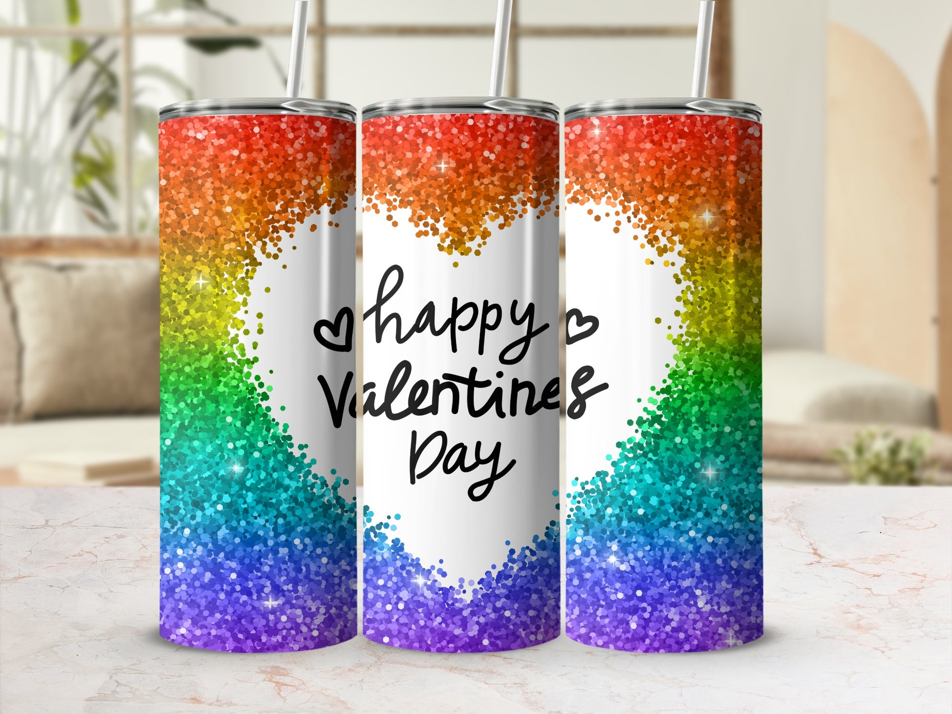 Happy Valentines Day Rainbow Glitter Tumbler