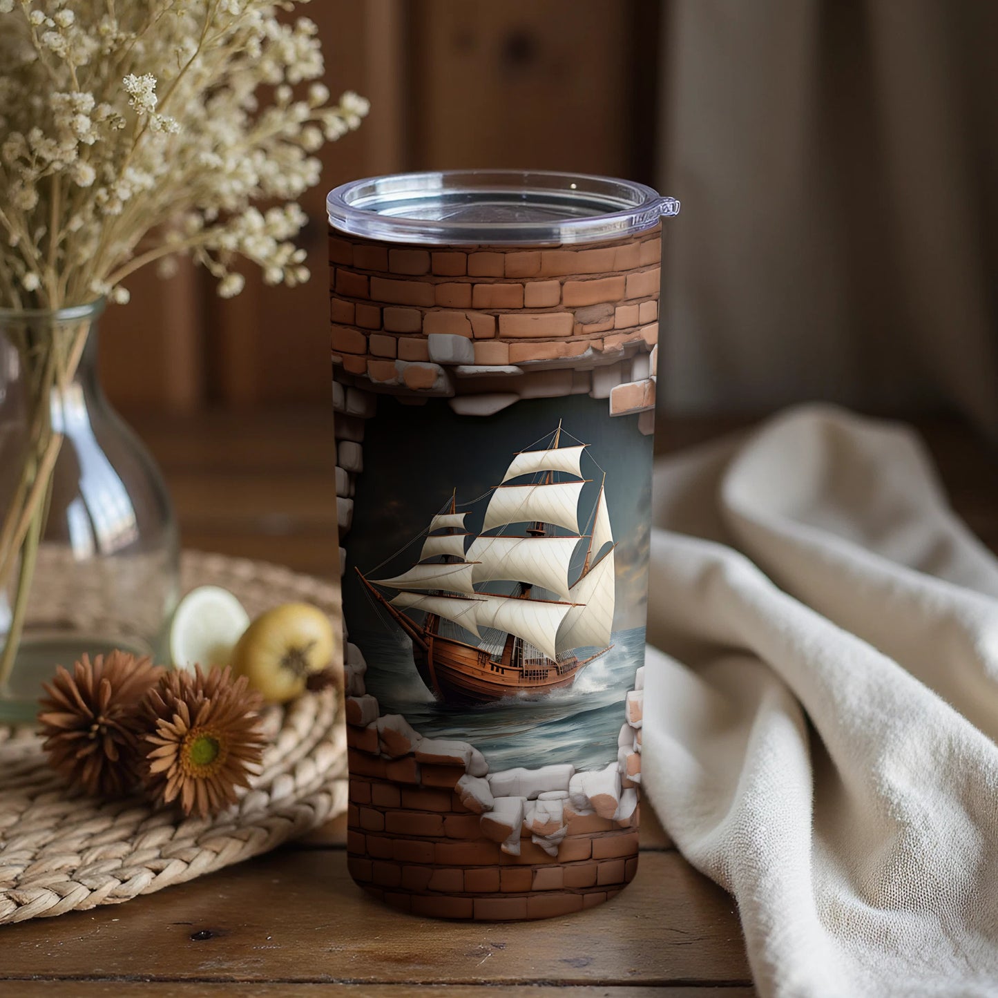 Vintage Sailboat Tumbler with Brick Wall Design