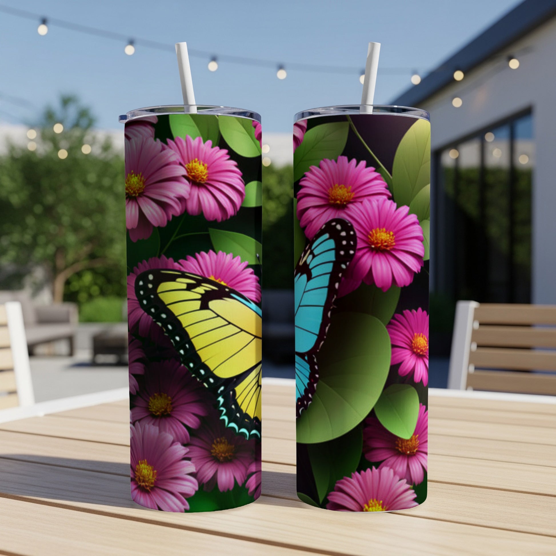 Two tumblers featuring yellow and blue butterflies among pink flowers.