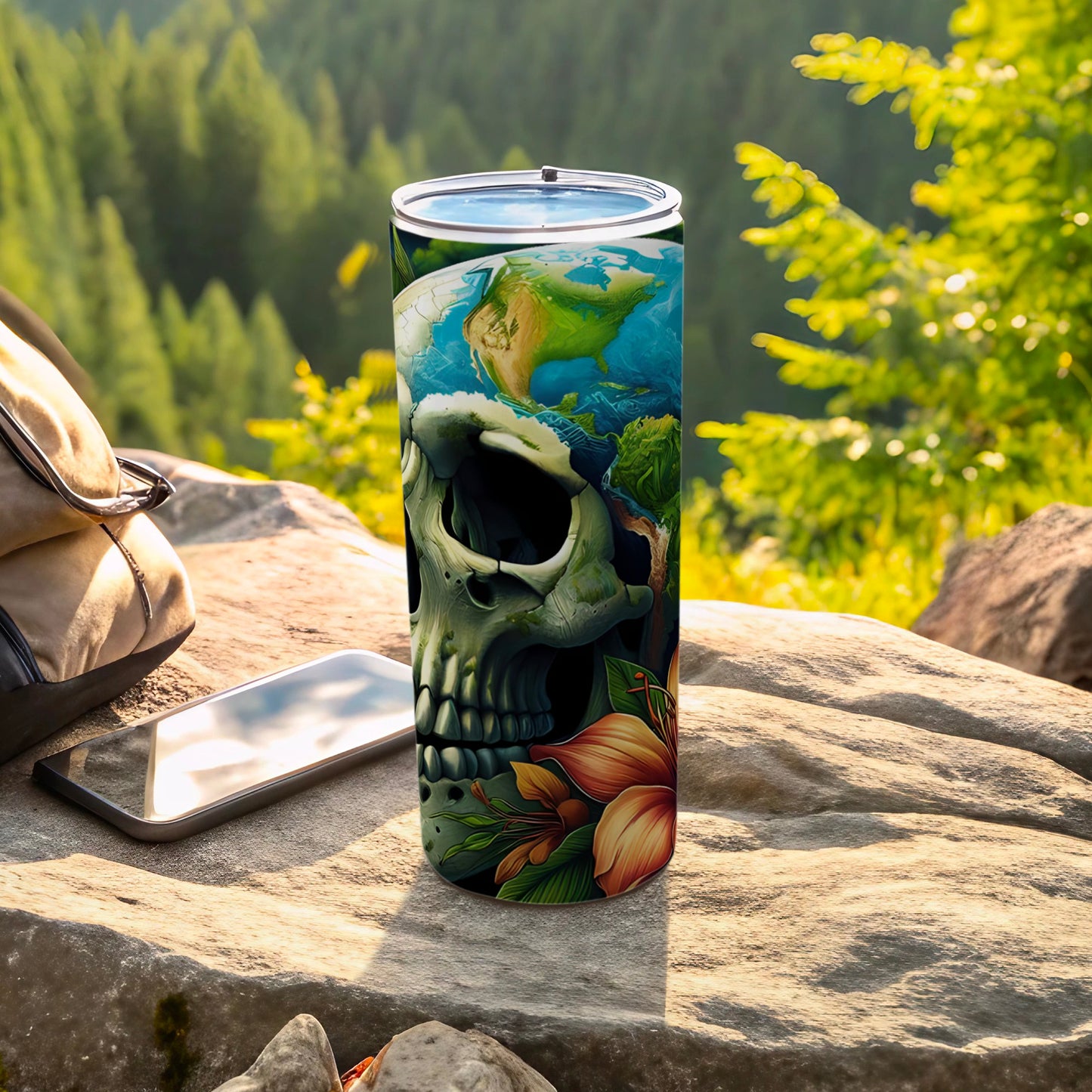 Skull with Earth and tropical foliage design on a tumbler.