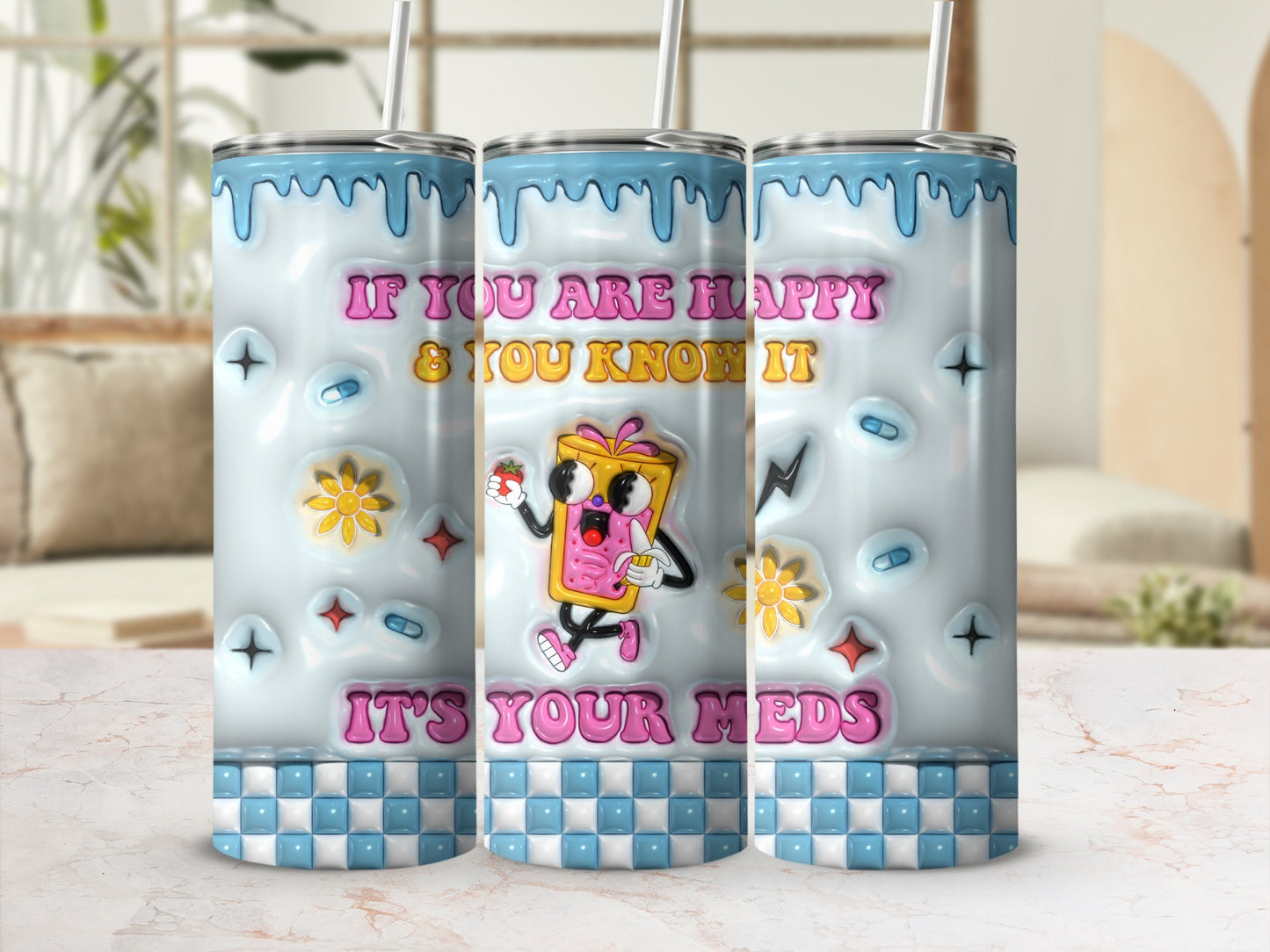 IF YOU ARE HAPPY & YOU KNOW IT IT'S YOUR MEDS Tumbler product type
Funny Tumbler
Meds Humor
Happy Quote
Sarcastic Gift
Pop Tart Character
Strawberry Banana
Pill Design
Unique Drinkware
Mental Wellness
Quirky Art
Dripping Icing
Checkered Bottom
Cute Character
Humorous Cup
Statement Tumbler
Fun Design
Everyday Carry
Gift for Her
Gift for Him
Beverage Accessory