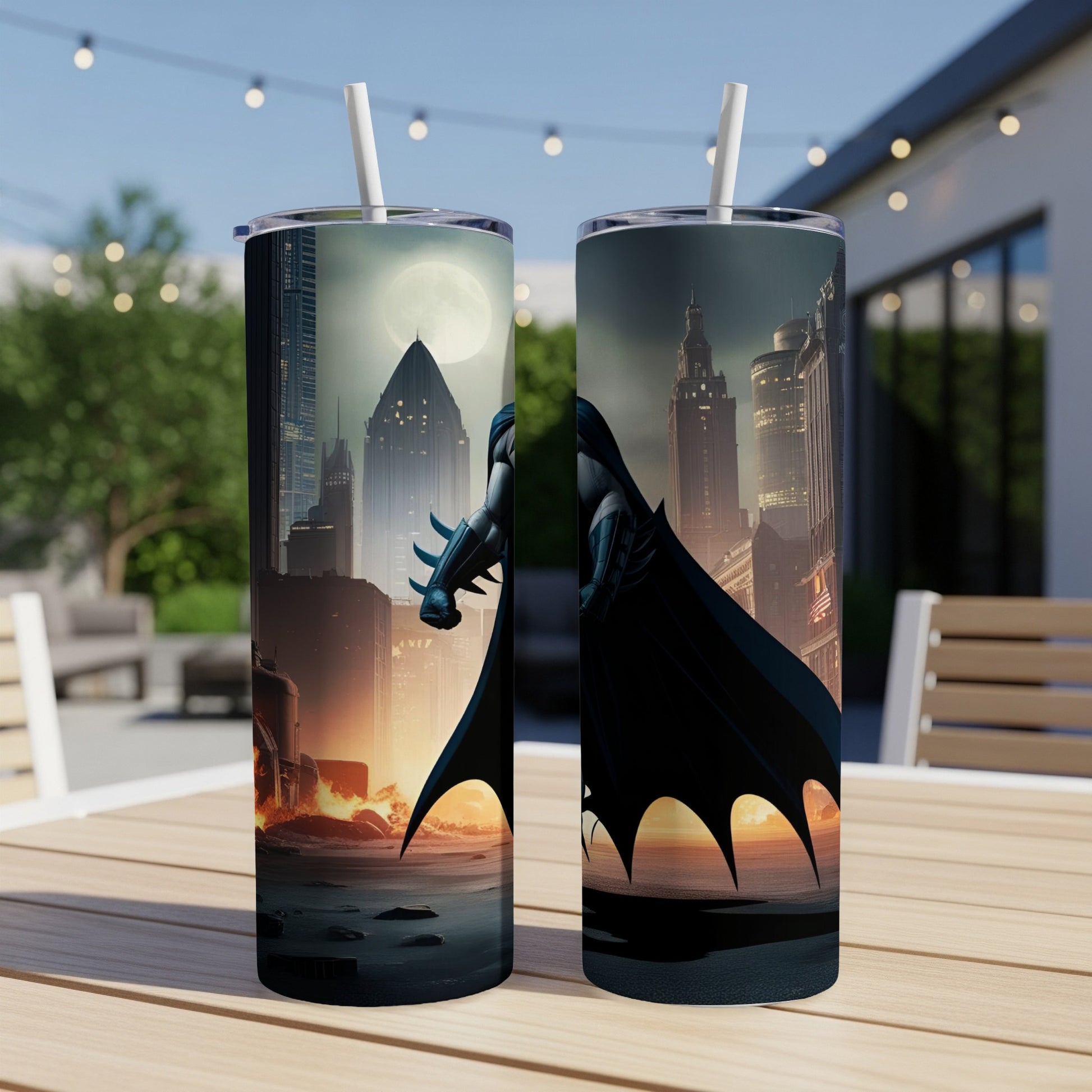 Batman standing on a cityscape at sunset, holding a tumbler.
