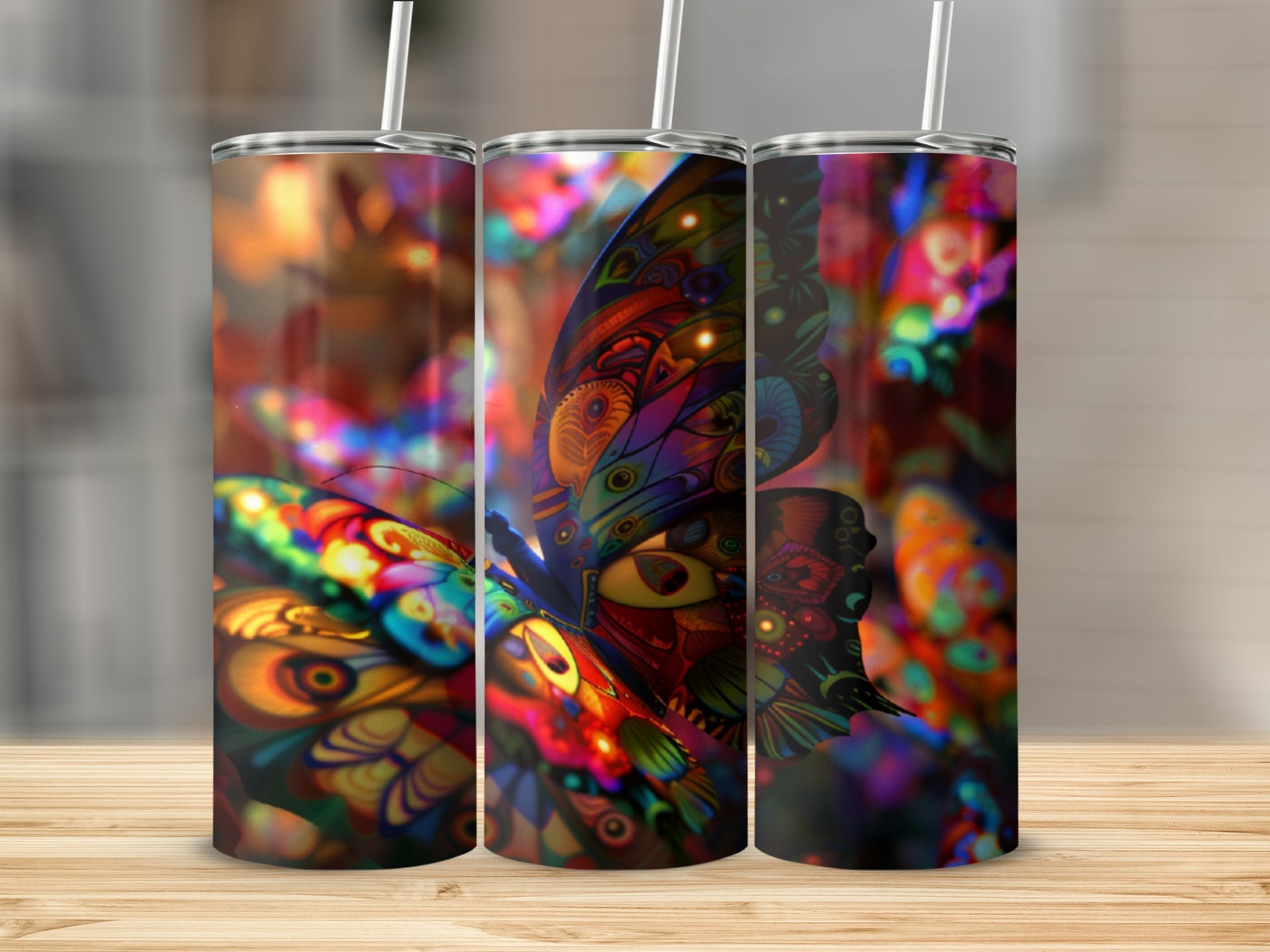 Abstract butterfly design on a tumbler with colorful, psychedelic patterns.