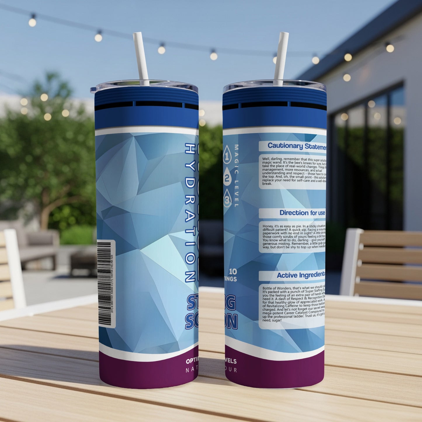 Tumbler with "Hydration" and "Magic Level" labels and cautionary text.