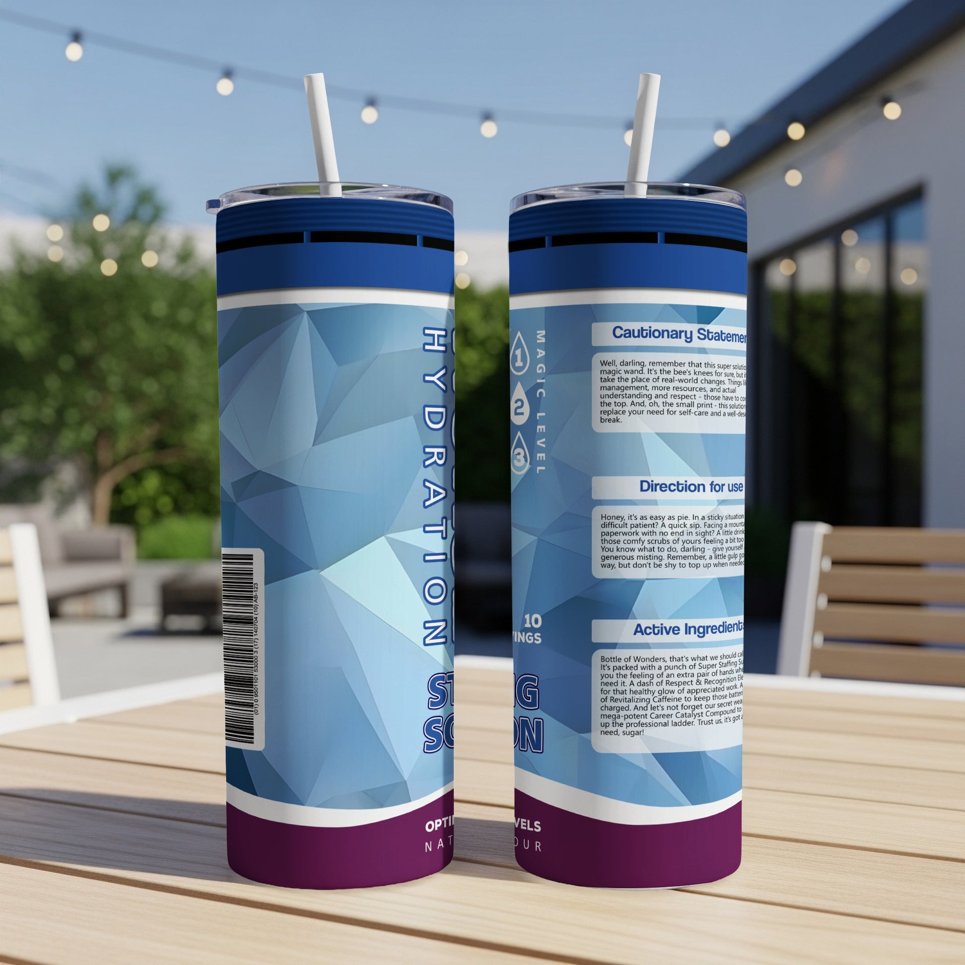 Tumbler with "Hydration" and "Magic Level" labels and cautionary text.