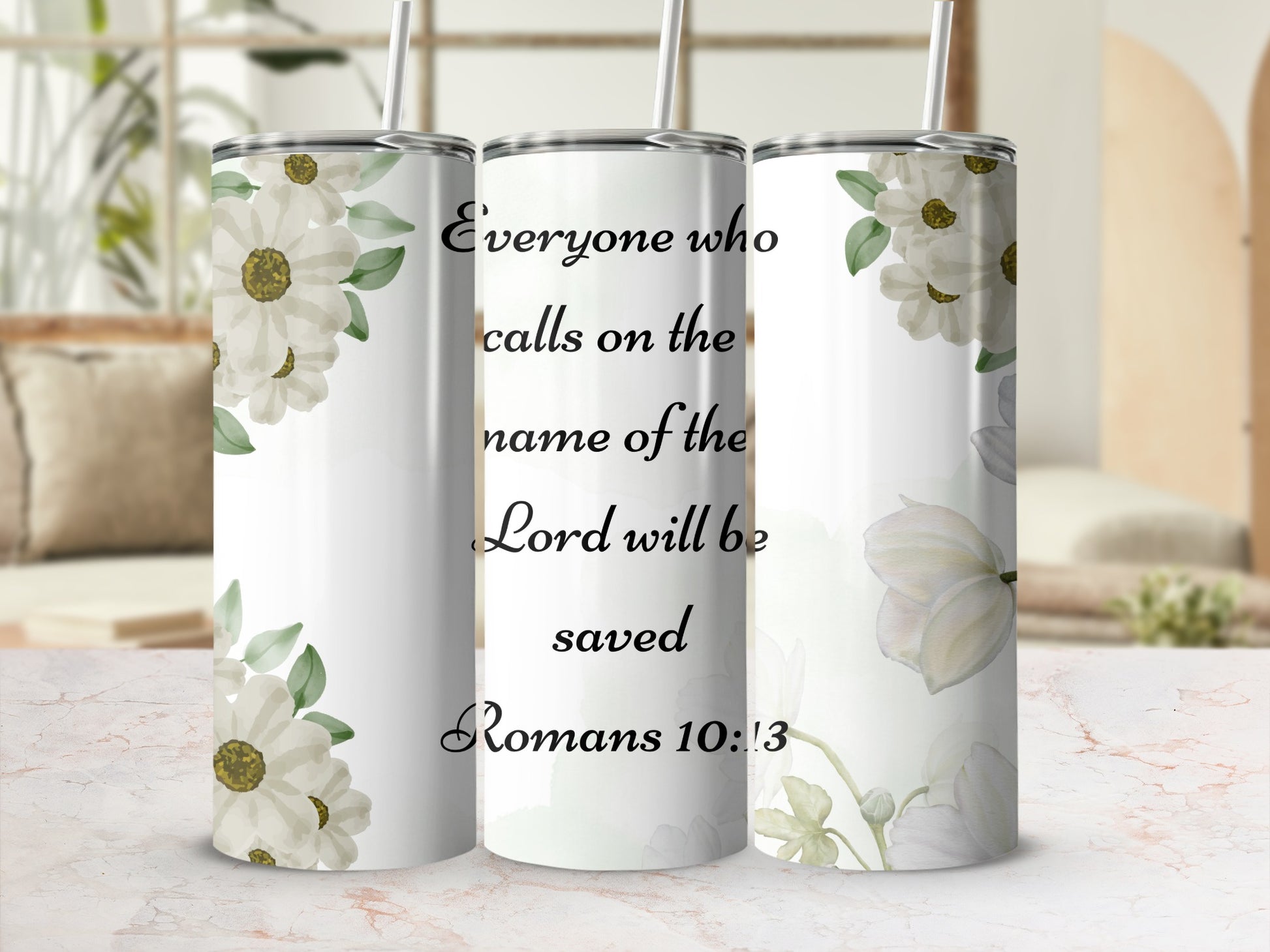 Inspirational Romans 10:13 Quote Floral Tumbler