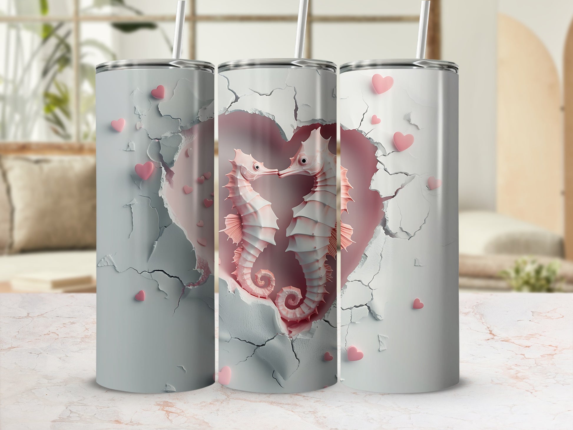 Two seahorses embrace within a cracked heart design on a grey tumbler.