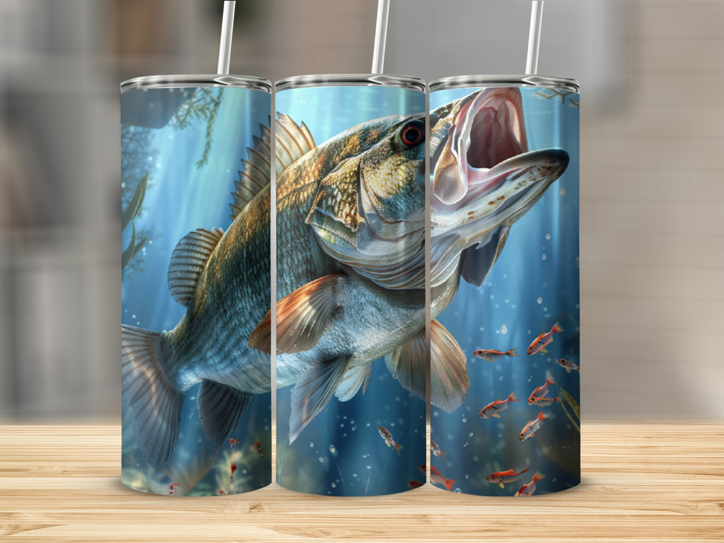 Largemouth bass jumping from water with small fish, on a tumbler.