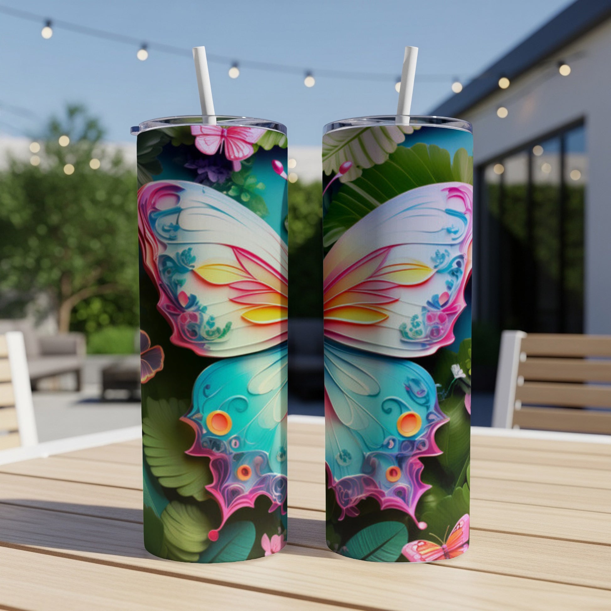 Two tumblers with a close-up of vibrant butterfly wings design.