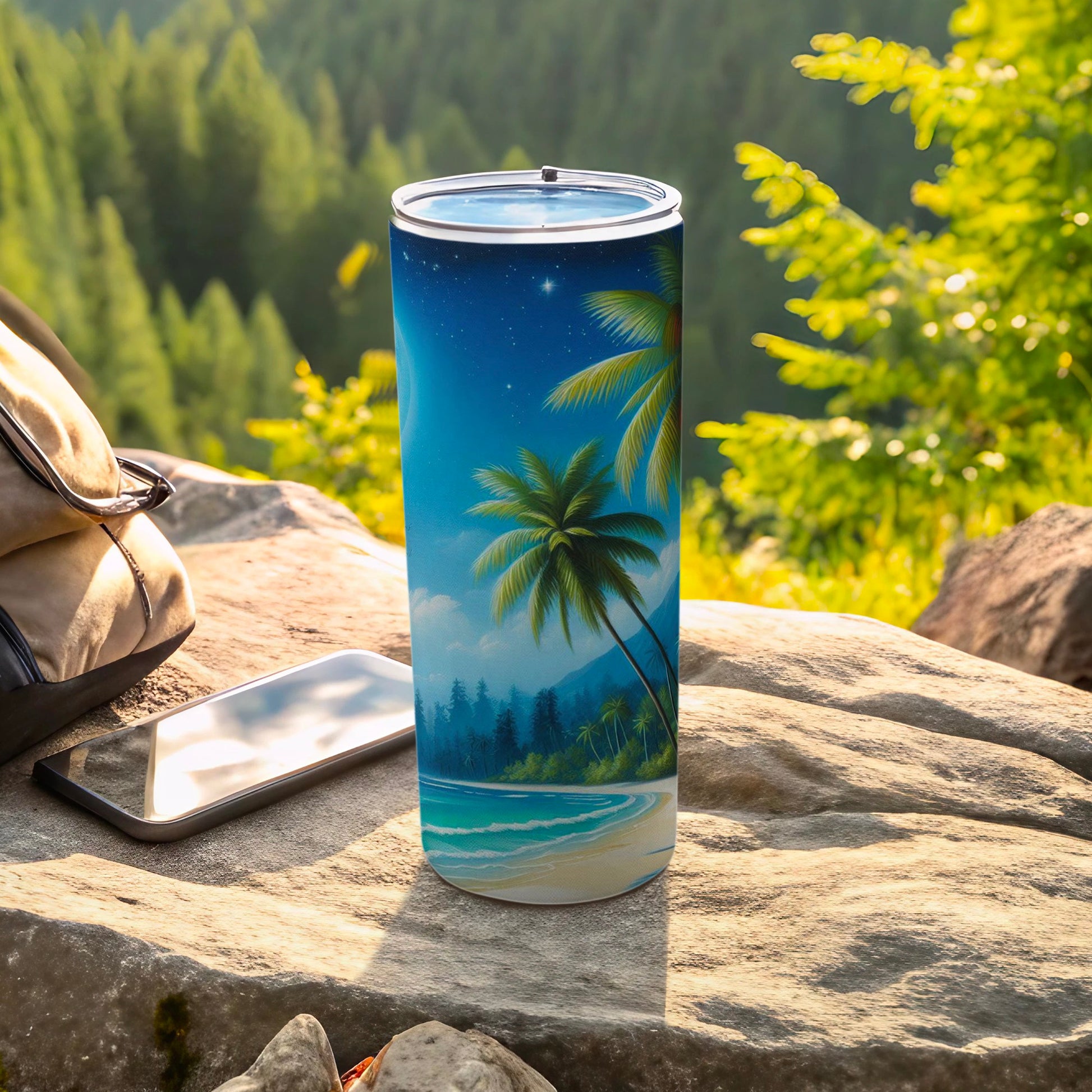 Tropical beach scene with palm trees on a tumbler outdoors.