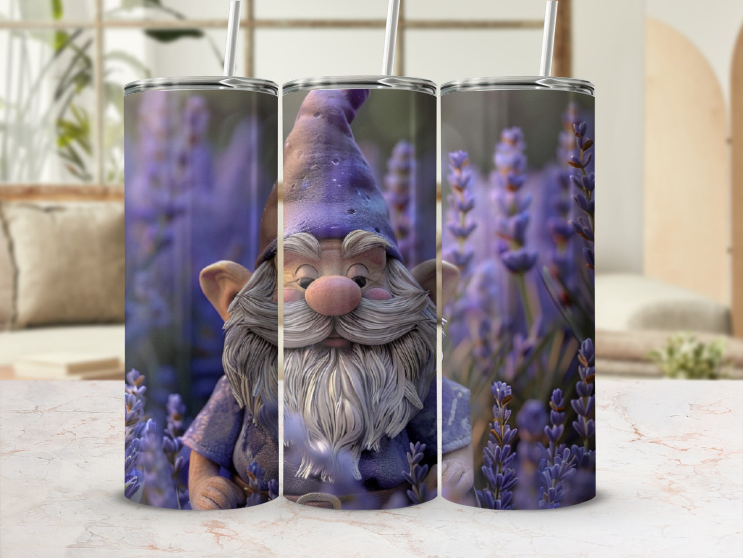 Gnome with lavender flowers on a tumbler design.