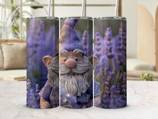 Gnome with lavender flowers on a tumbler design.