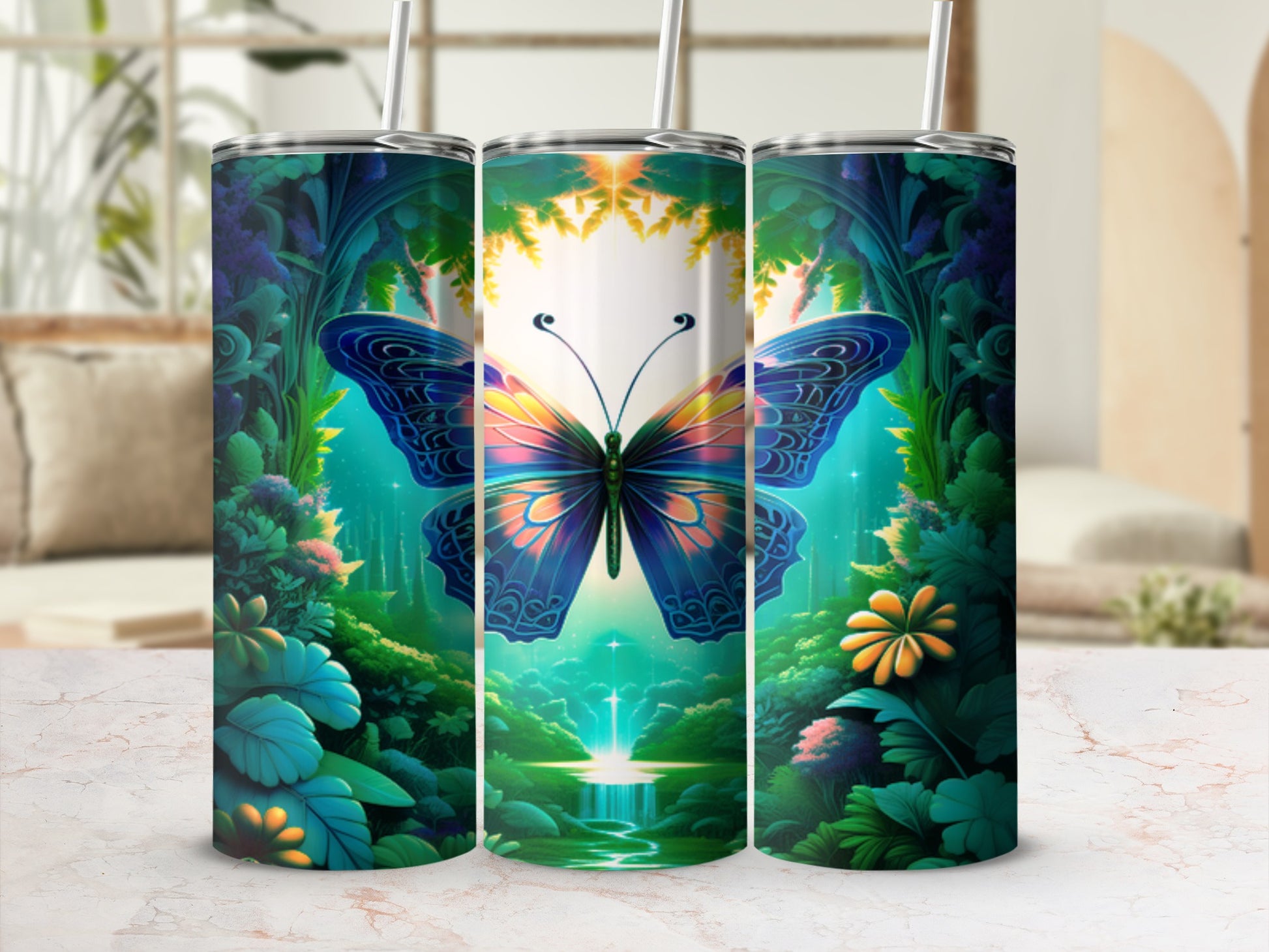Blue and yellow butterfly in a lush, glowing forest scene with a waterfall.