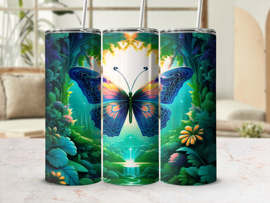 Blue and yellow butterfly in a lush, glowing forest scene with a waterfall.