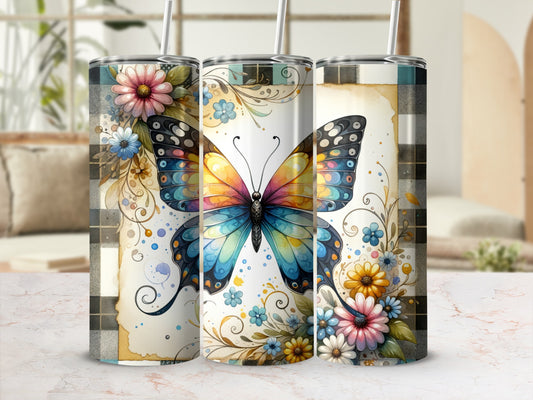 Tumbler with colorful butterfly and floral pattern.