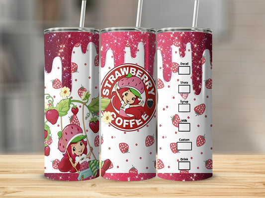 Strawberry coffee tumbler with cartoon girl and syrup options.