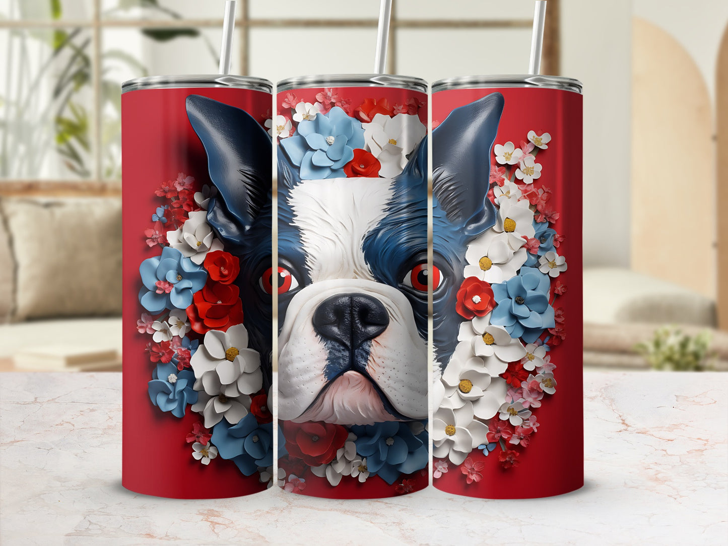 Boston terrier face with red, white, and blue flowers on a red tumbler.