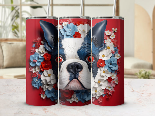 Boston terrier face with red, white, and blue flowers on a red tumbler.