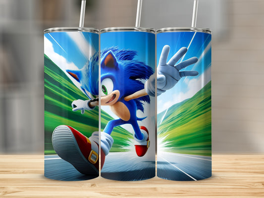 Sonic the Hedgehog running fast on a blurred background.
