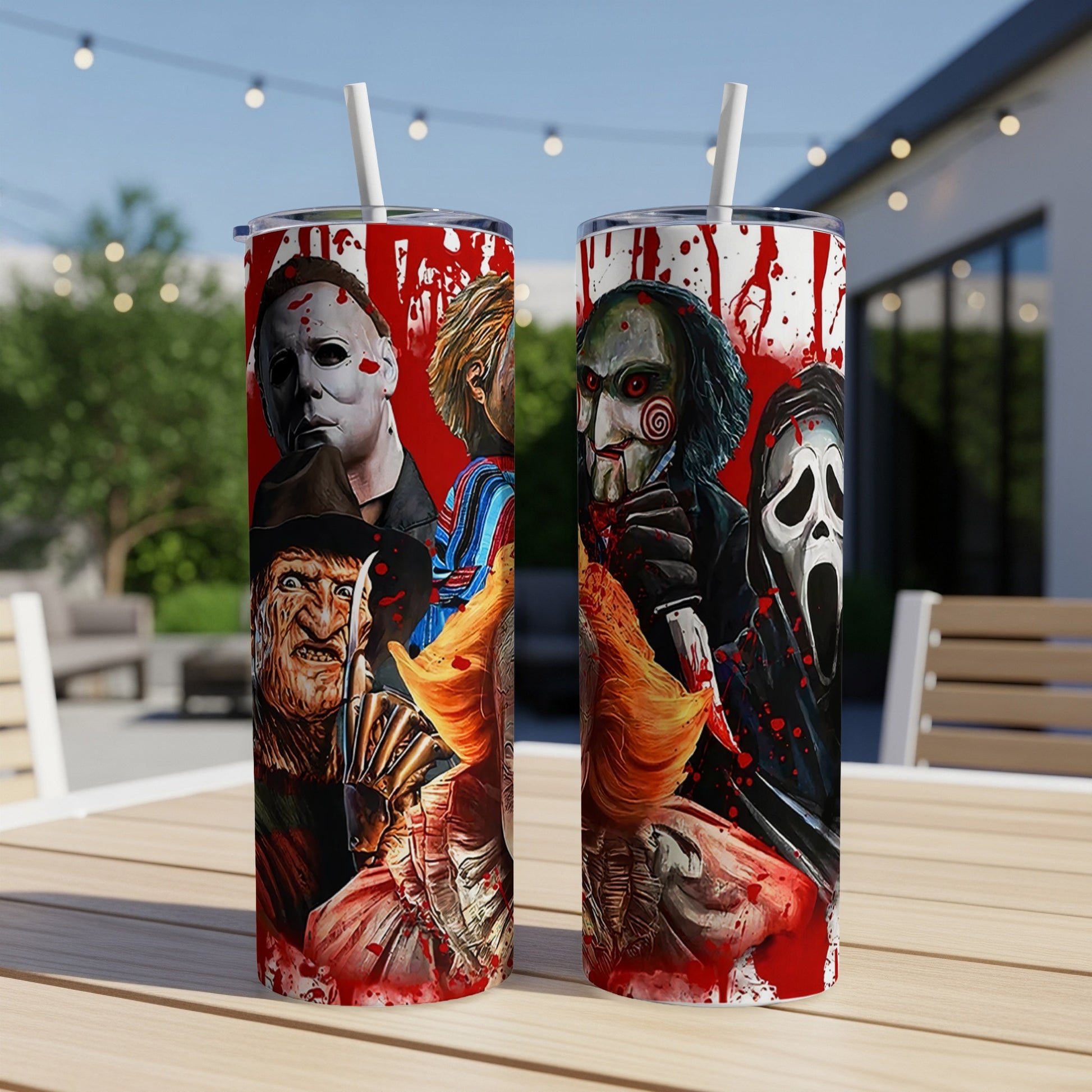 Two tumblers with horror movie characters and bloody graphics.
