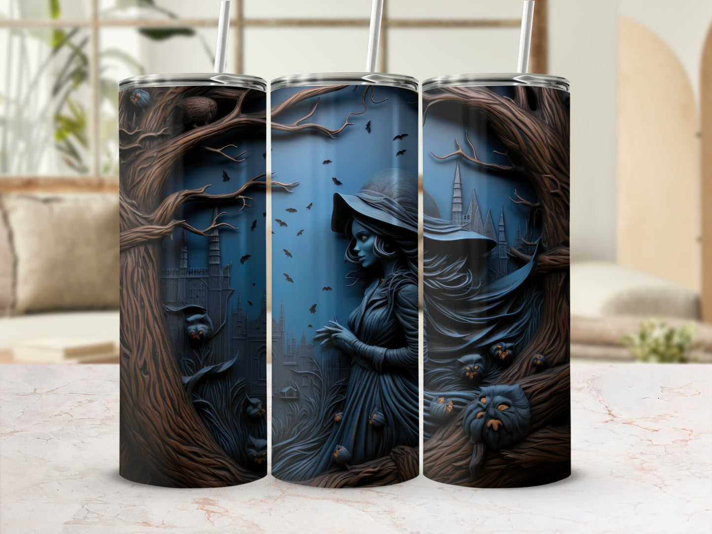 Dark blue witch tumbler with spooky trees, castle, bats, and owl motifs.