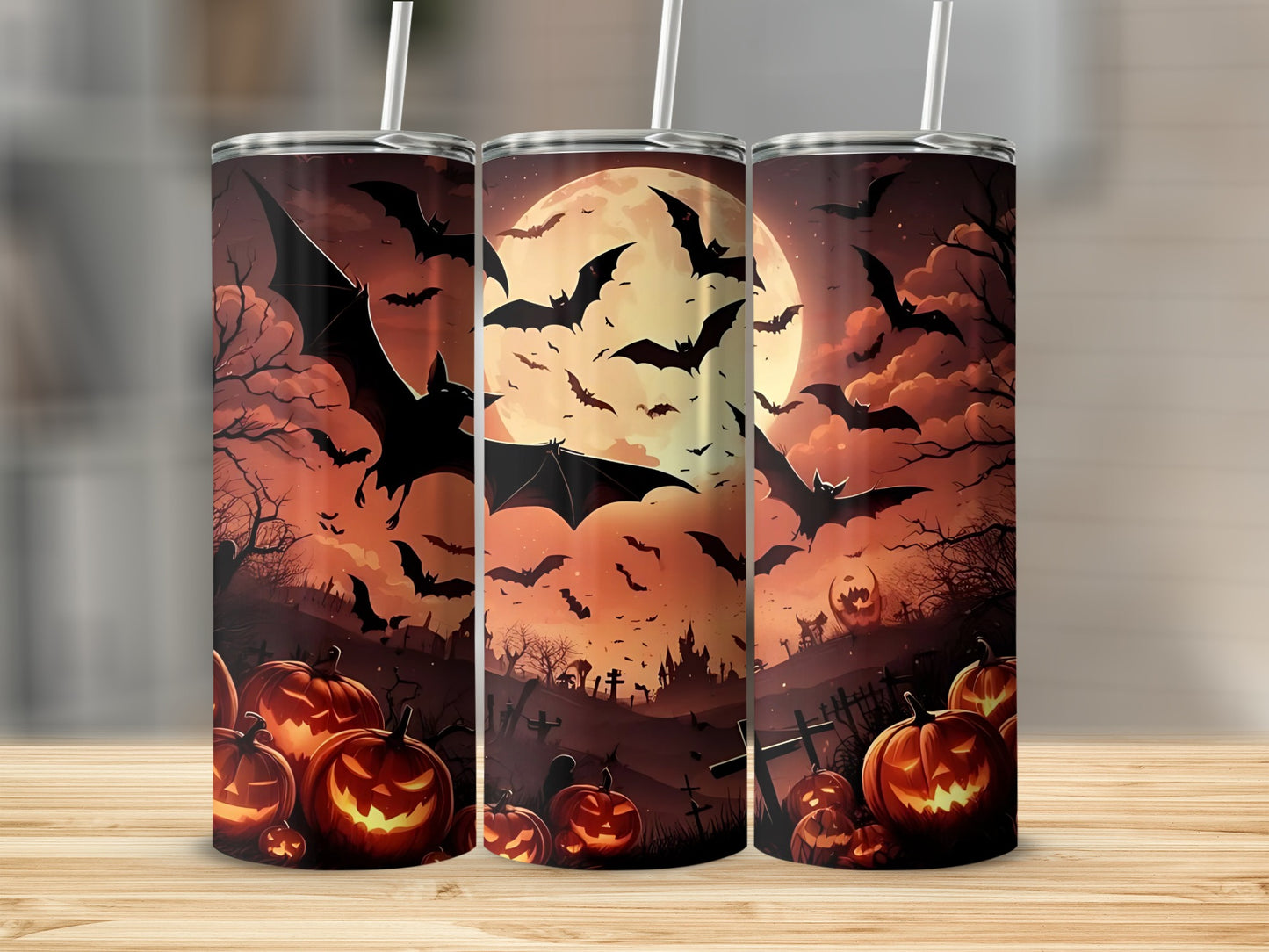 Halloween scene with bats, full moon, spooky trees, pumpkins, and graveyard.