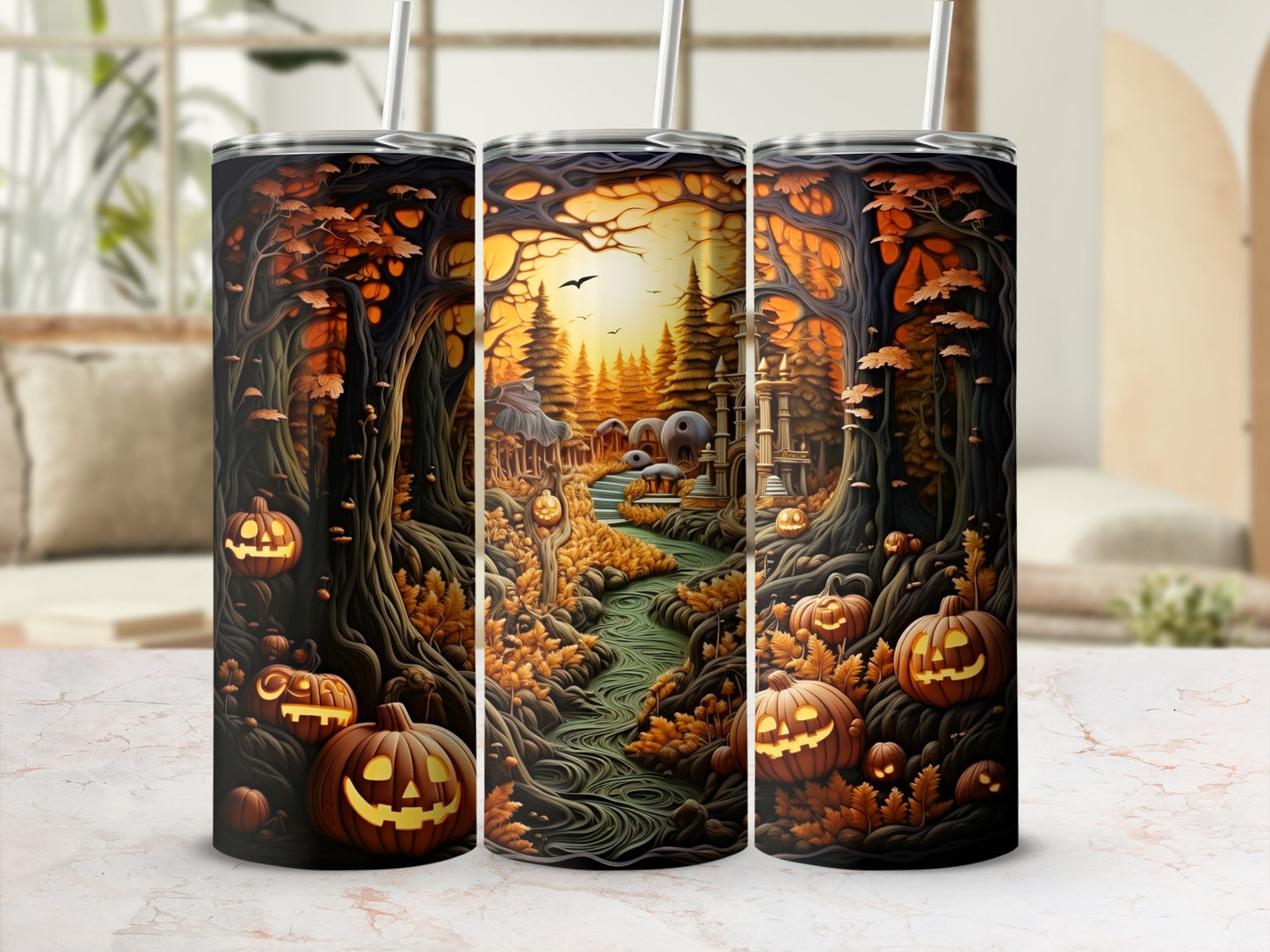 Three tumblers decorated with a dark, spooky Halloween forest scene with jack-o'-lanterns.