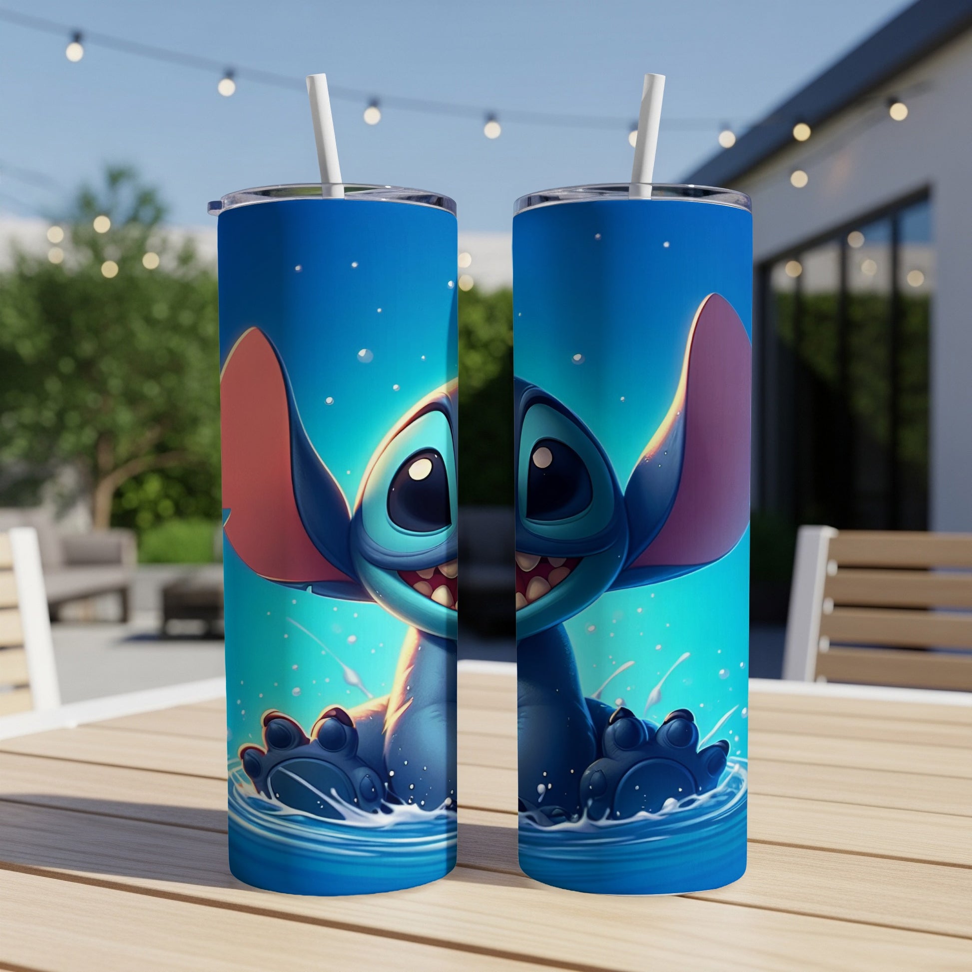 Stitch peeking out of water on a blue and white tumbler.
