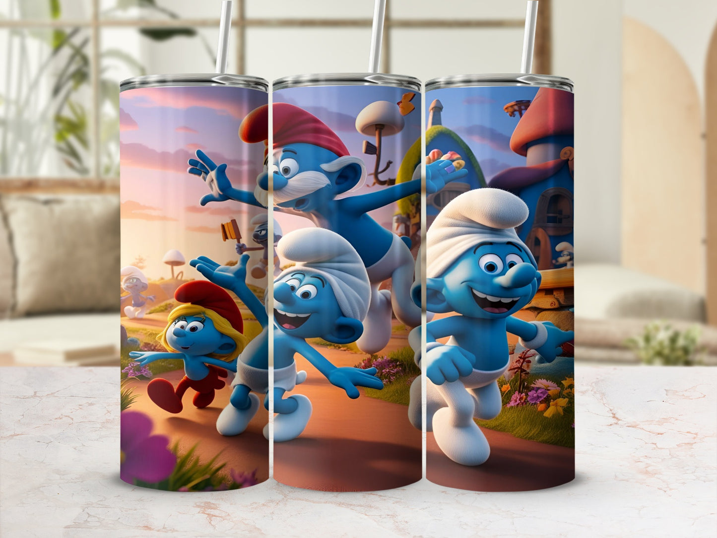 Smurfs running and jumping in a village setting.