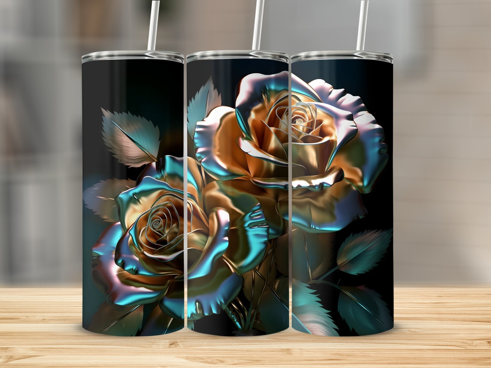 Three iridescent roses with metallic leaves on tumblers.
