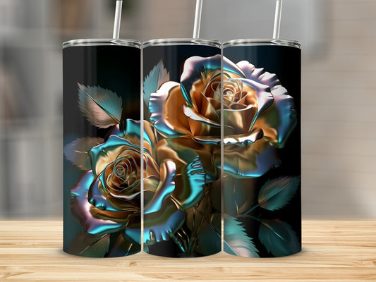 Three iridescent roses with metallic leaves on tumblers.
