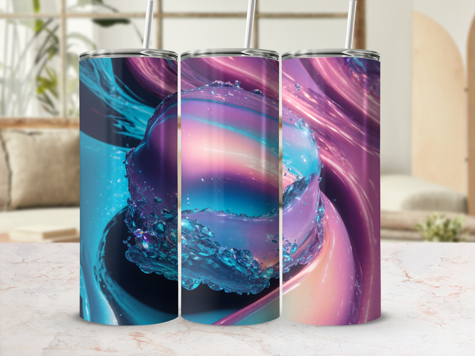 Three abstract tumblers with swirling blue, purple, and pink liquid designs.