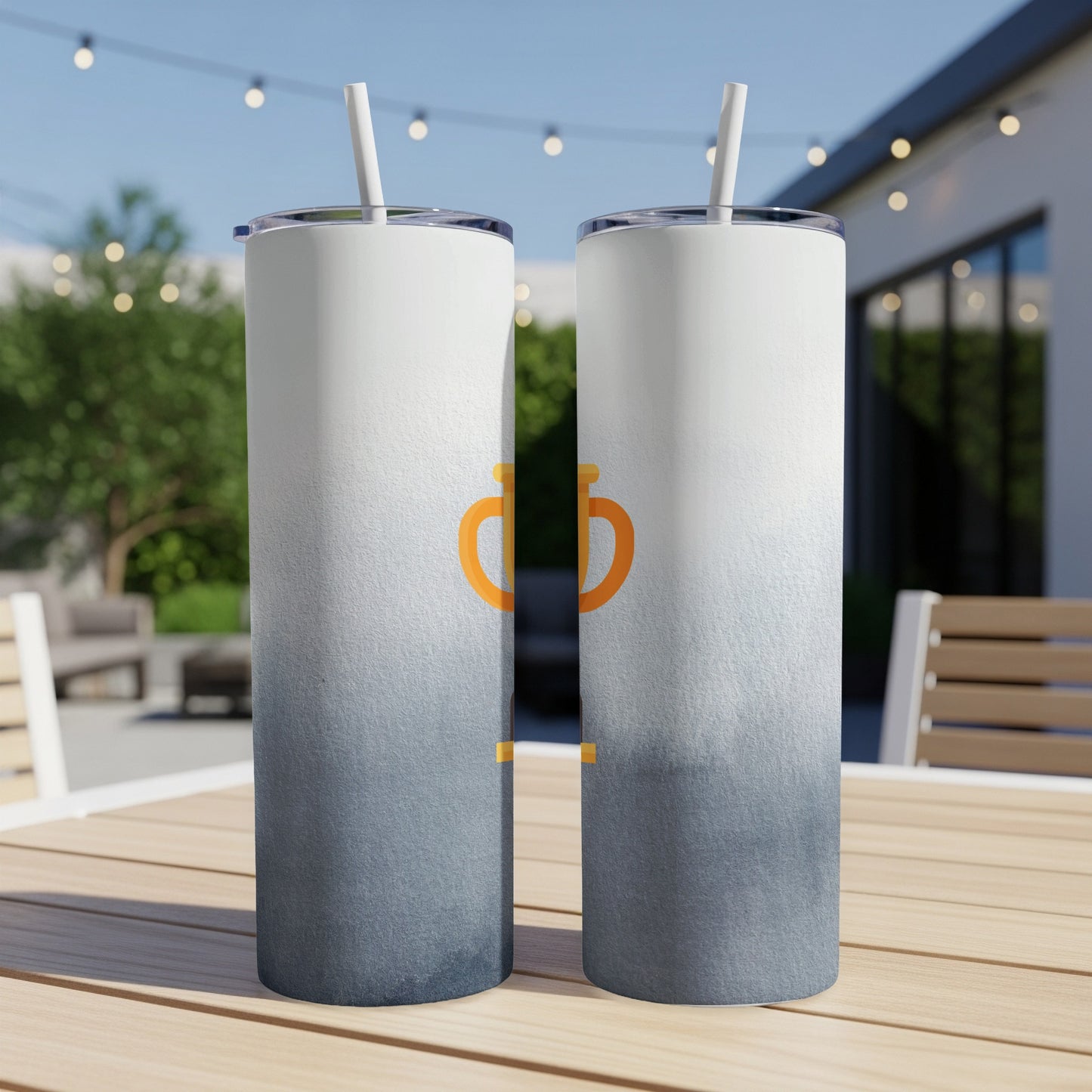 Two tall tumblers with gradient grey and white design, orange logo.