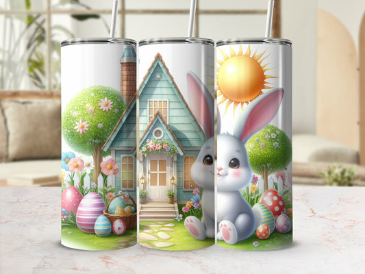 Easter tumbler with bunnies, eggs, and a house with a sunny sky.