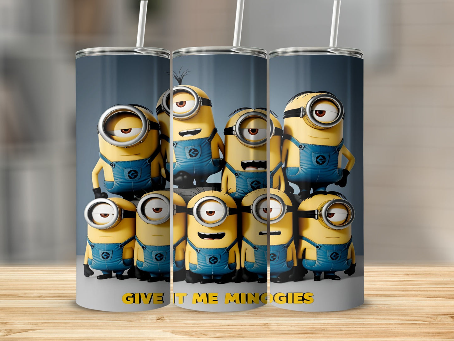 Minions in denim overalls crowded together, text reads "GIVE IT ME MINIGIES".