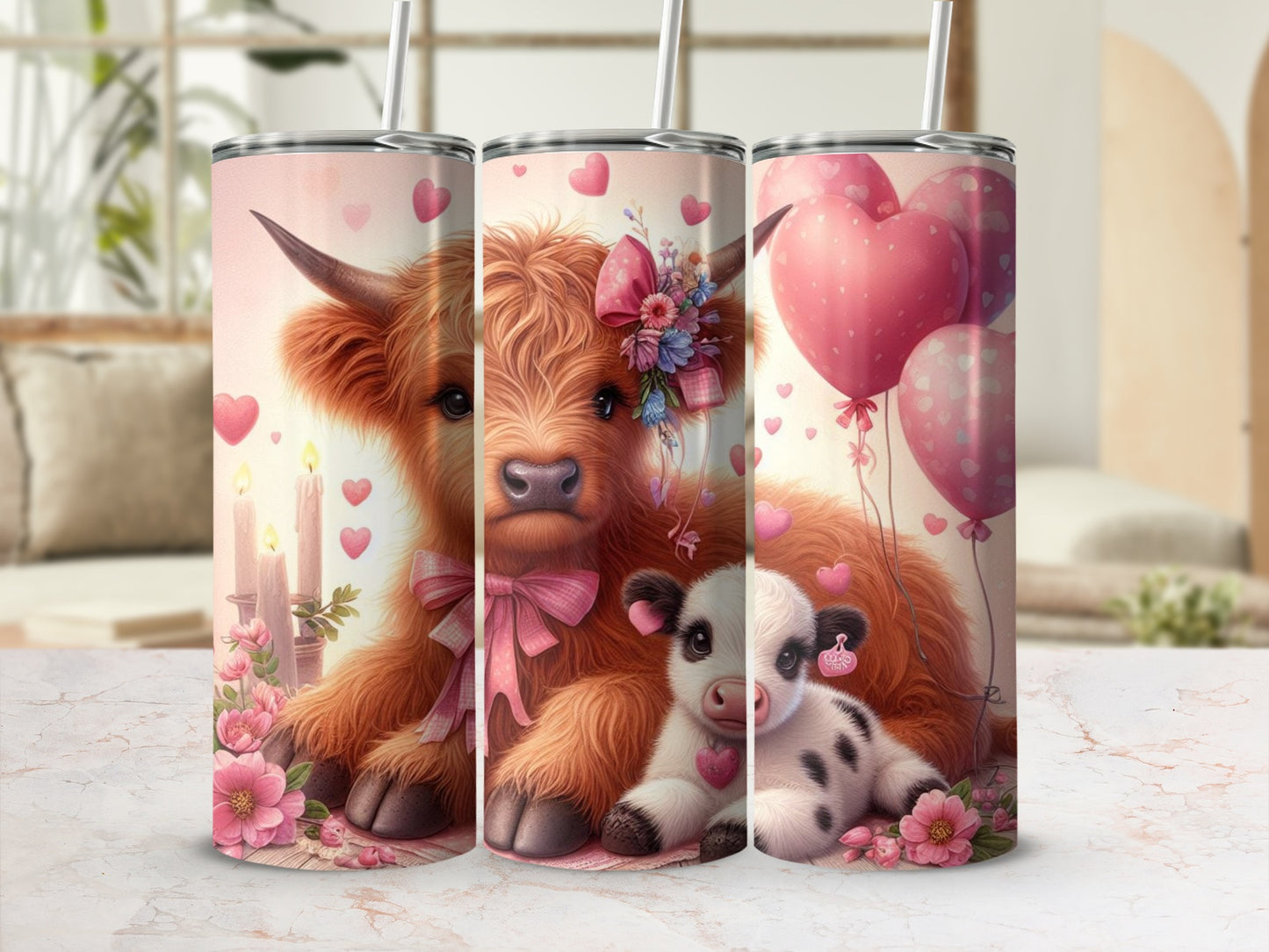 Adorable Cow and Pig with Hearts and Flowers Tumbler