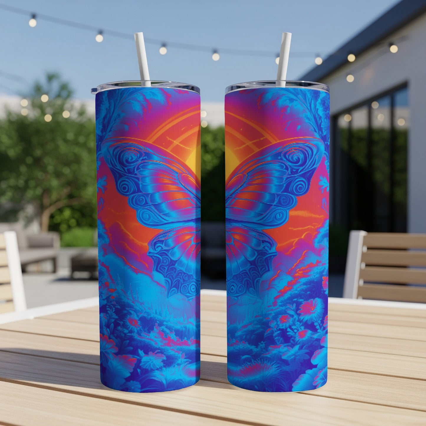 Two tumblers with vibrant butterfly and sun design on wooden table outdoors.