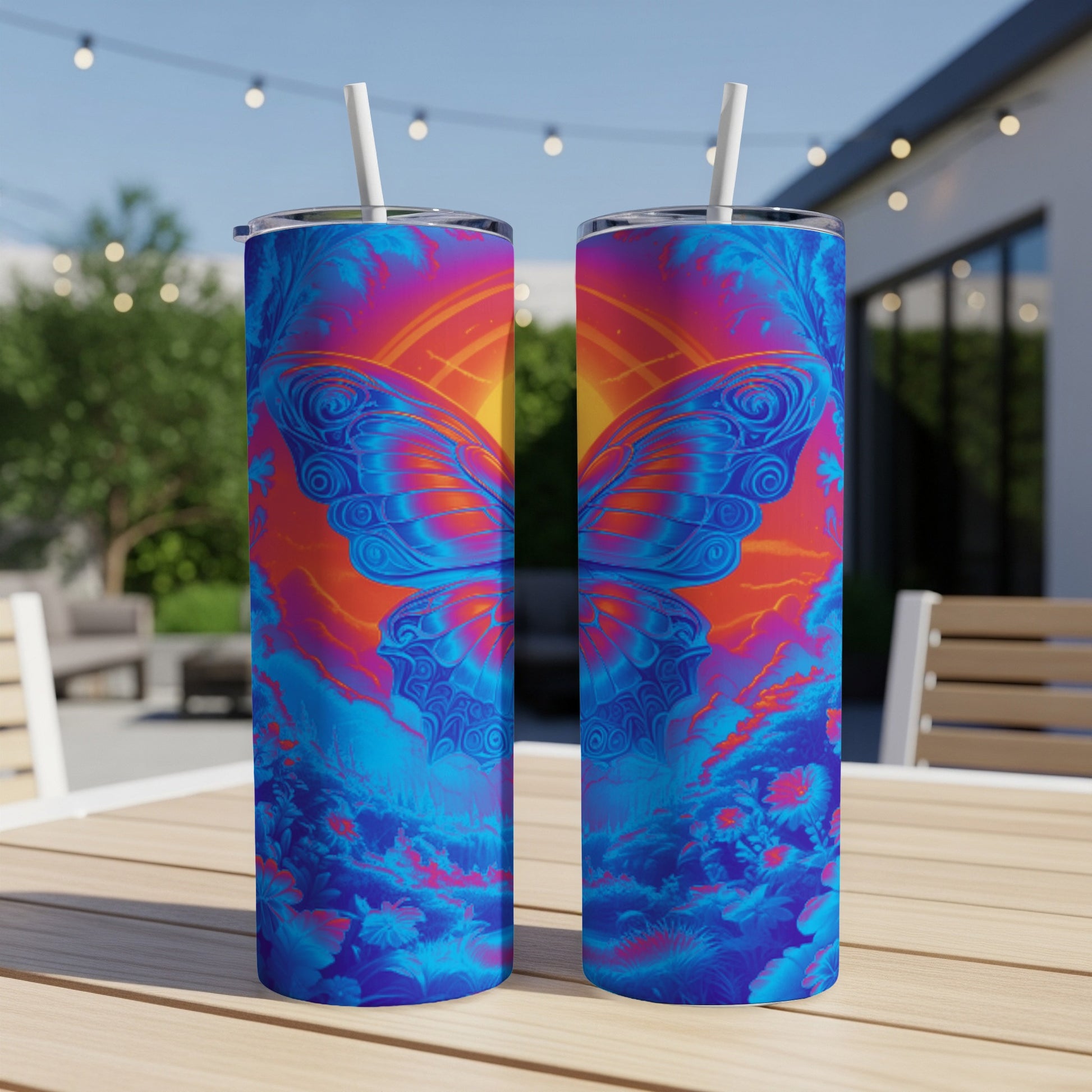 Two tumblers with vibrant butterfly and sun design on wooden table outdoors.