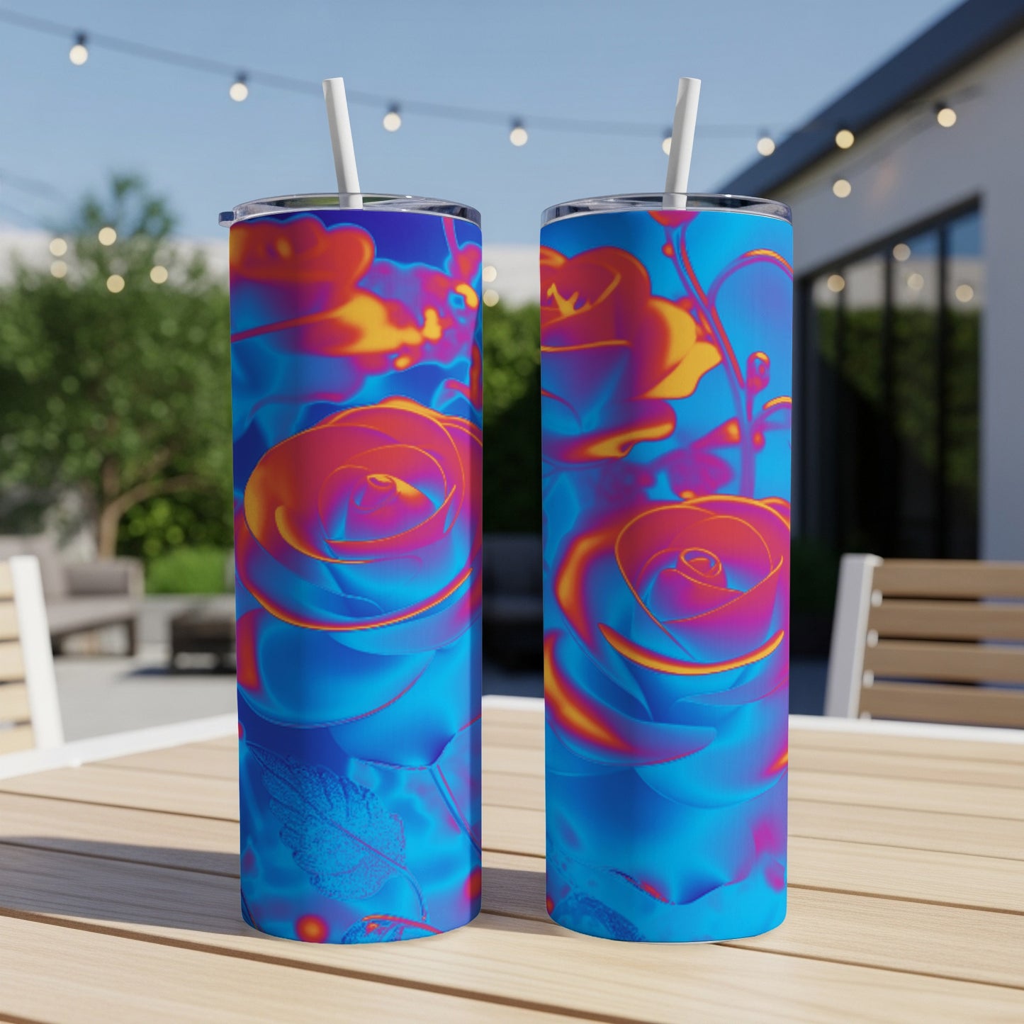 Two blue tumblers with a vibrant pink and orange rose floral pattern.