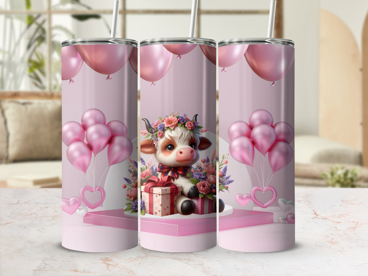 Floral Cow and Pink Balloons Tumbler Gifts for All Occasions