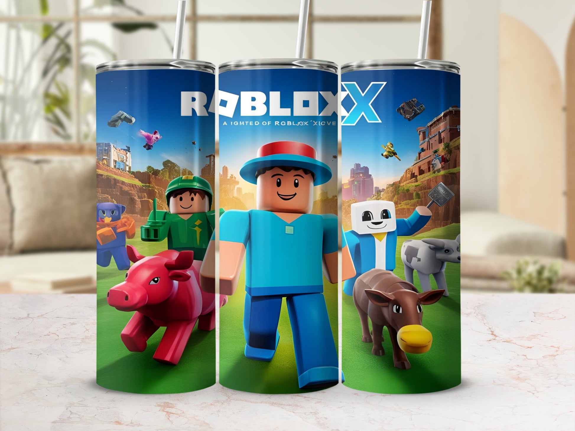 Roblox characters and pigs on a tumbler with the Roblox X logo.