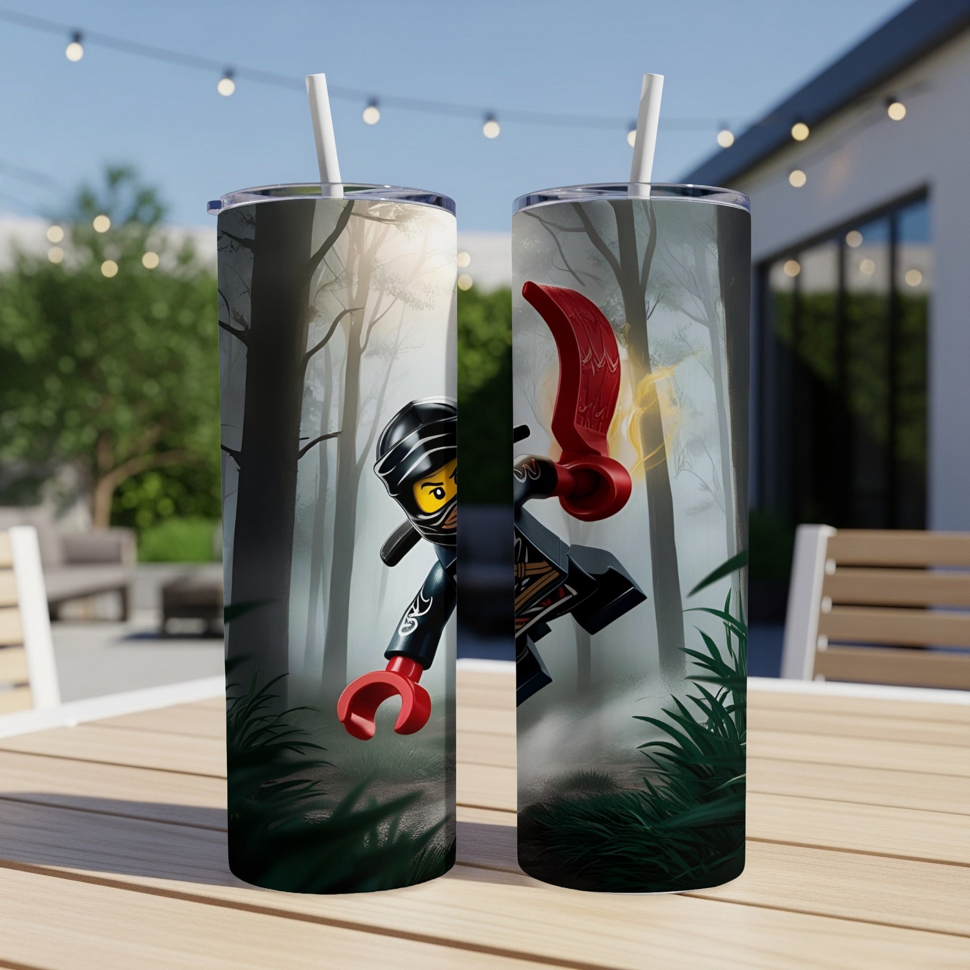 Ninjago character with red sickle on a forest background, two tumblers.