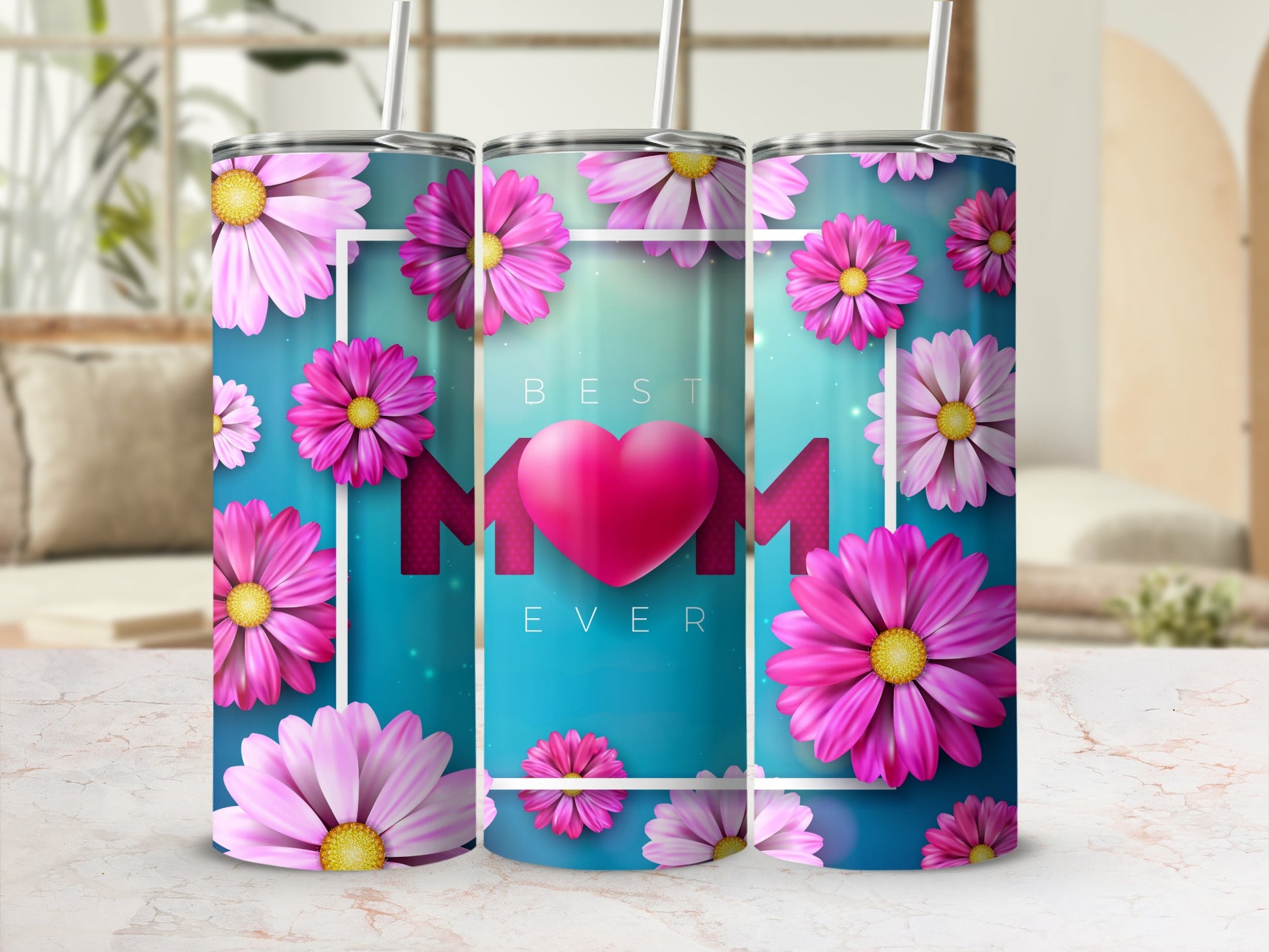 Best Mom Ever Floral Tumbler with Bright Pink Daisies