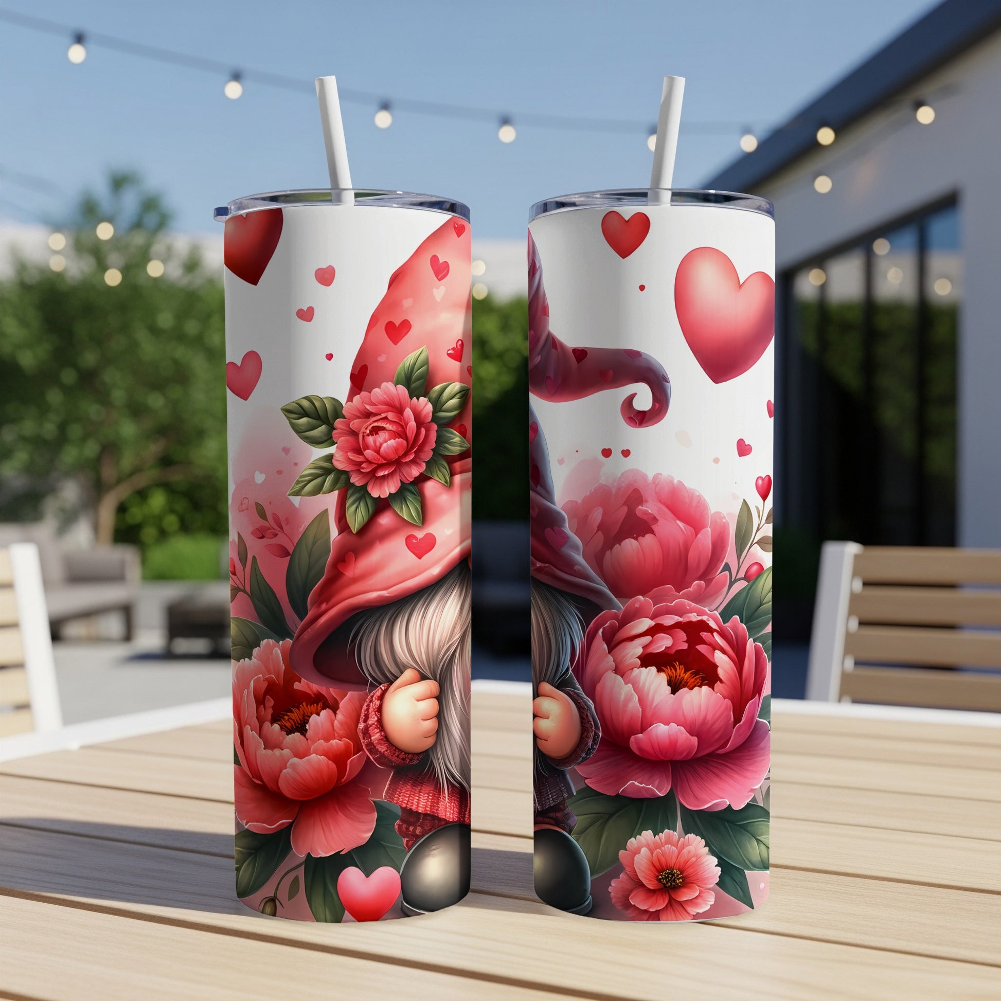 Two Valentine's Day themed tumblers with a gnome and pink peonies.