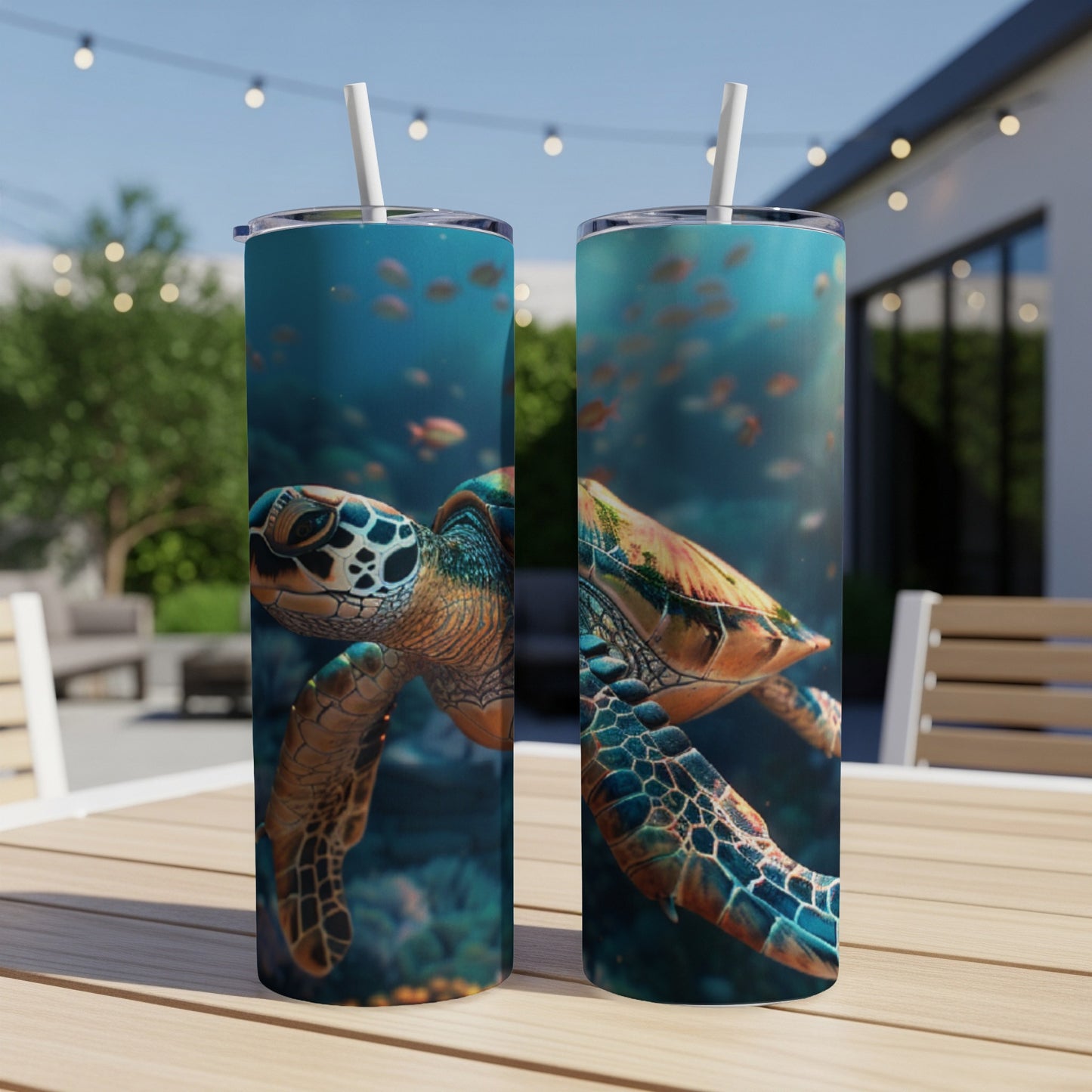 Sea turtle swimming underwater, printed on two side-by-side tumblers.