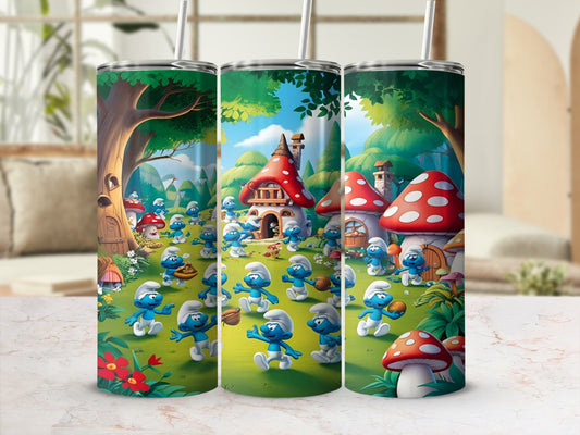 Smurfs playing basketball in a village of mushroom houses with trees and flowers.