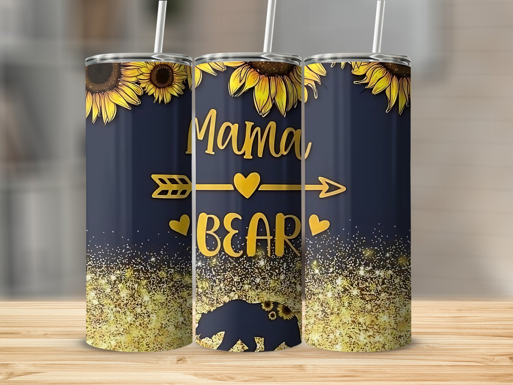 Mama Bear Sunflower Glitter Tumbler Cup for Mom Gifts
